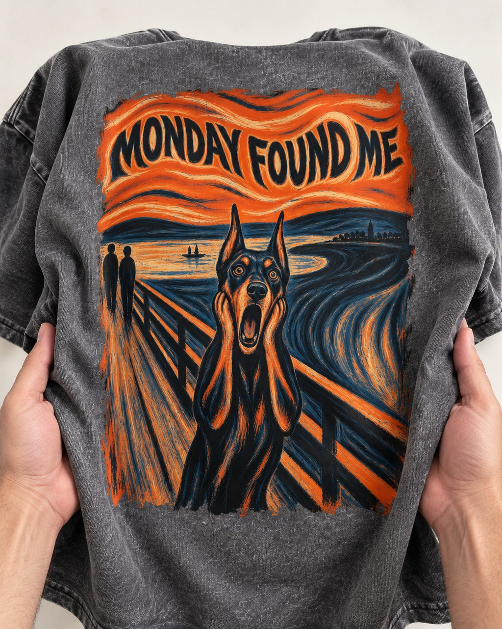 Doberman Monday Found Me Scream Graphic Washed Tee in Gray, close-up of the graphic