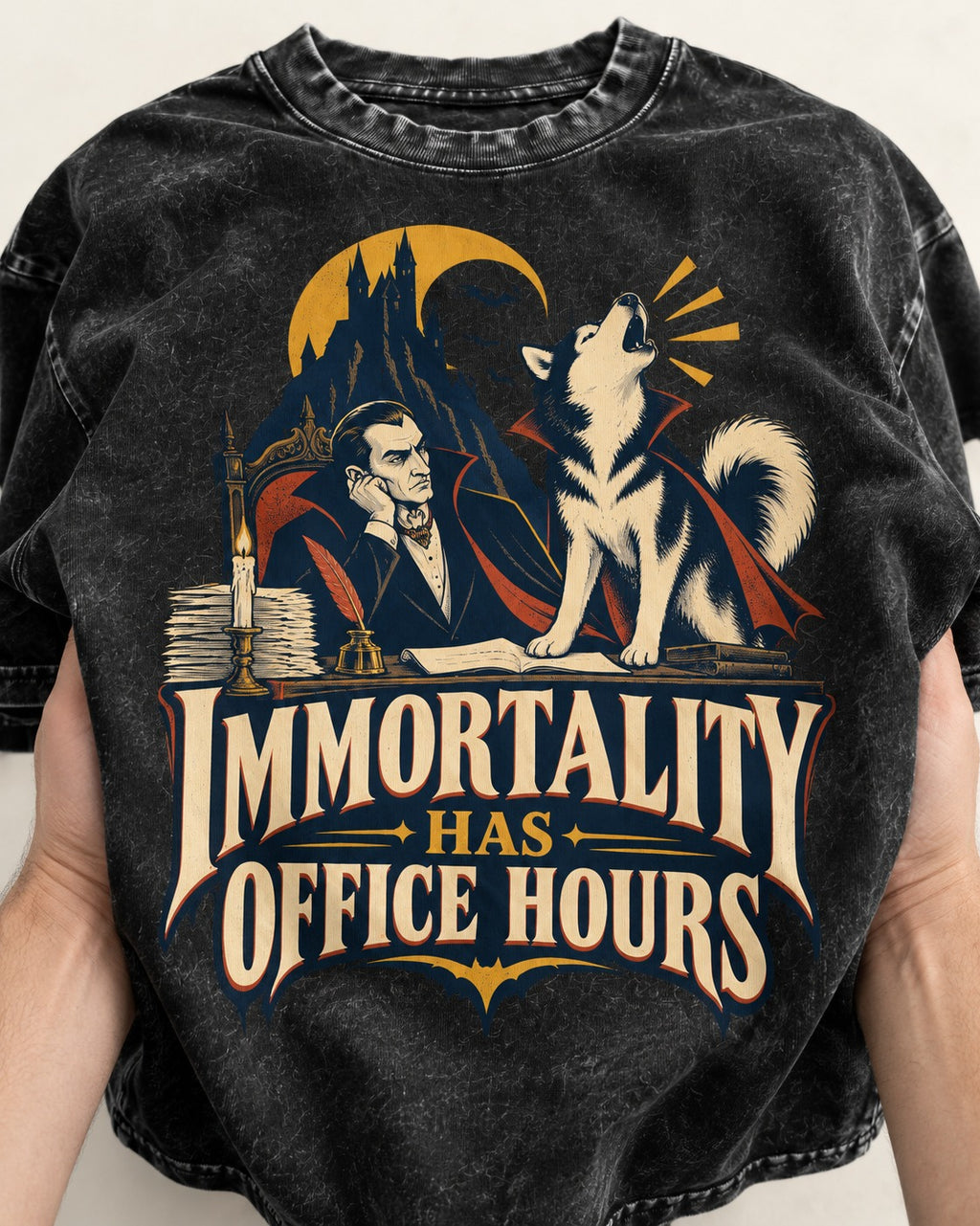 Husky Immortality Has Office Hours Vampire Office Graphic Washed Tee in Black, close-up of the graphic