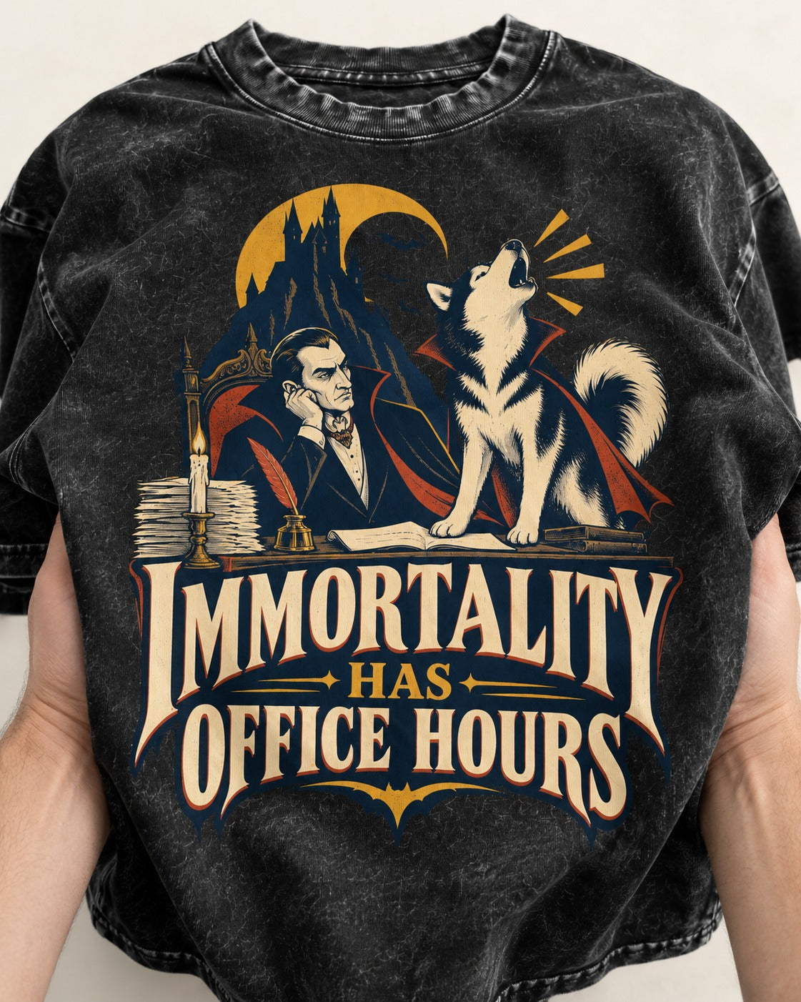 Husky Immortality Has Office Hours Vampire Office Graphic Washed Tee in Black, close-up of the graphic