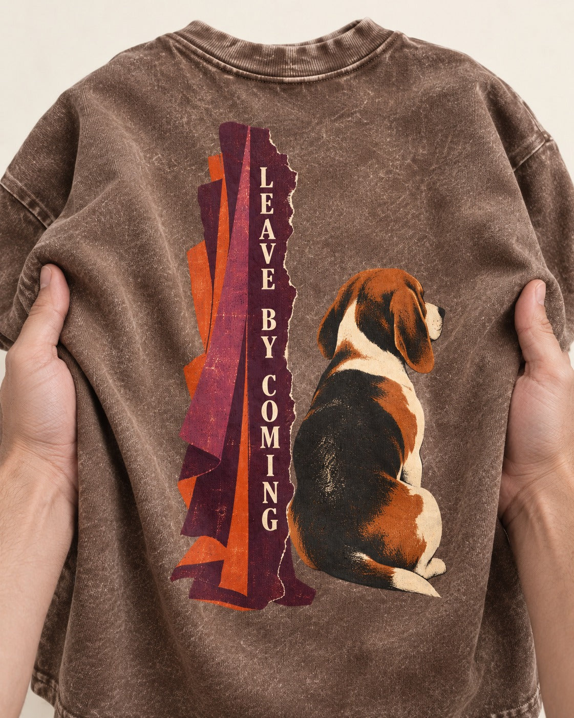Leave By Coming Beagle Companion Washed Tee in Coffee, close-up of the graphic