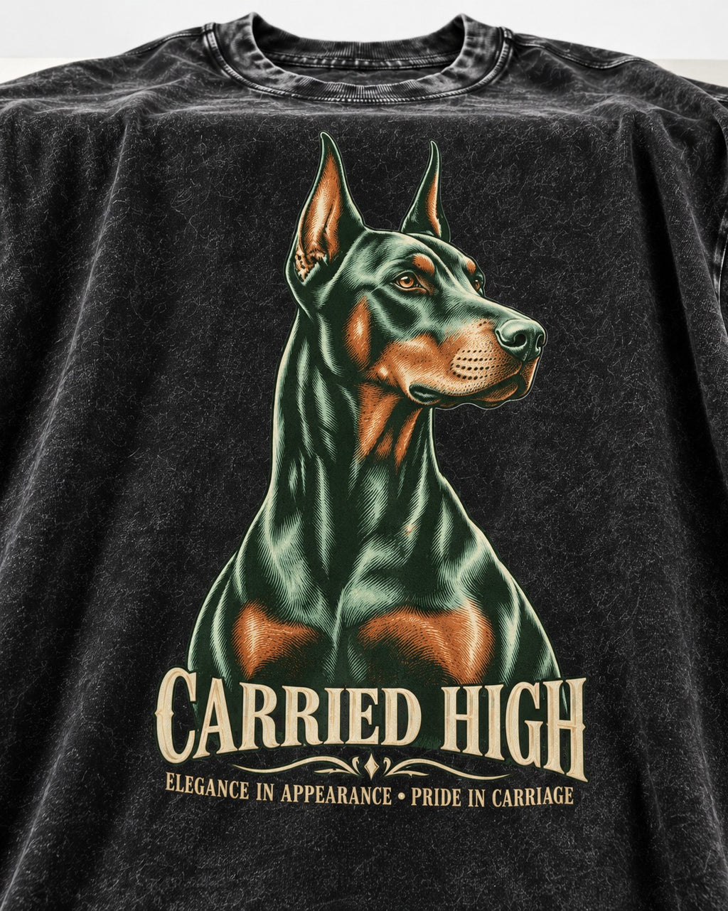 Doberman Carried High Portrait Graphic Washed Tee in Black, close-up of the graphic