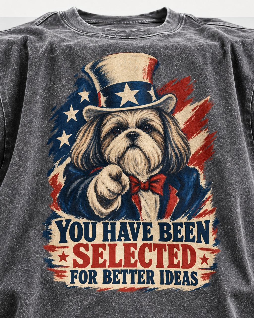 Shih Tzu You Have Been Selected Uncle Sam Graphic Washed Tee in Gray, close-up of the graphic