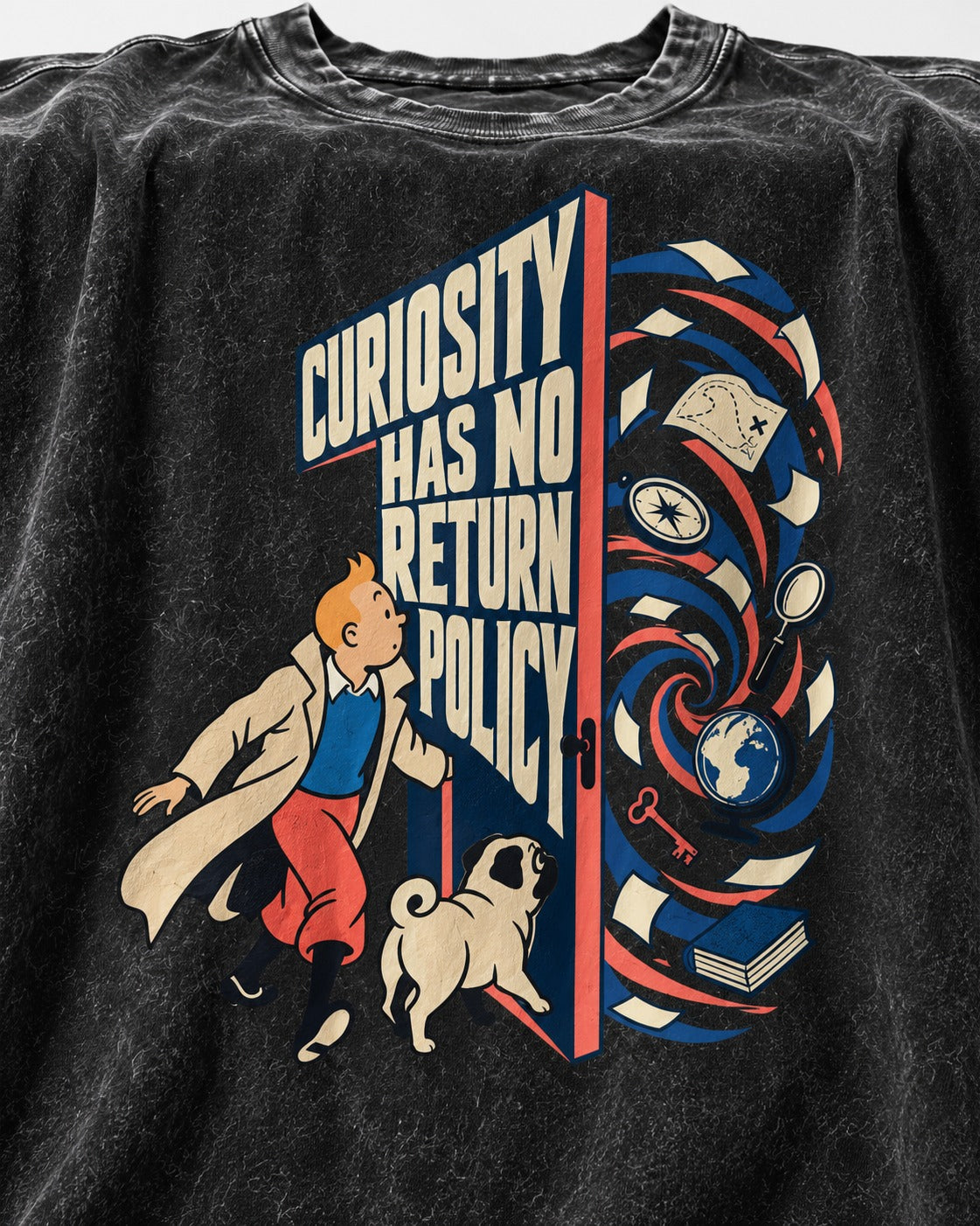 Pug Curiosity Has No Return Policy Portal Graphic Washed Tee in Black, close-up of the graphic