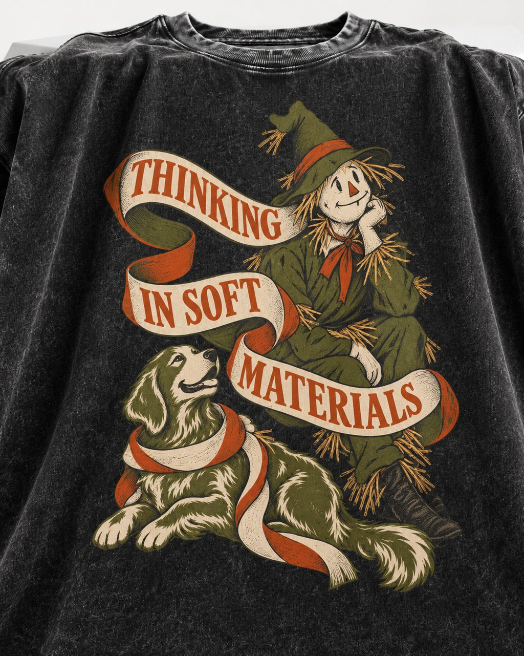 Golden Retriever Thinking in Soft Materials Scarecrow Graphic Washed Tee in Black, close-up of the graphic
