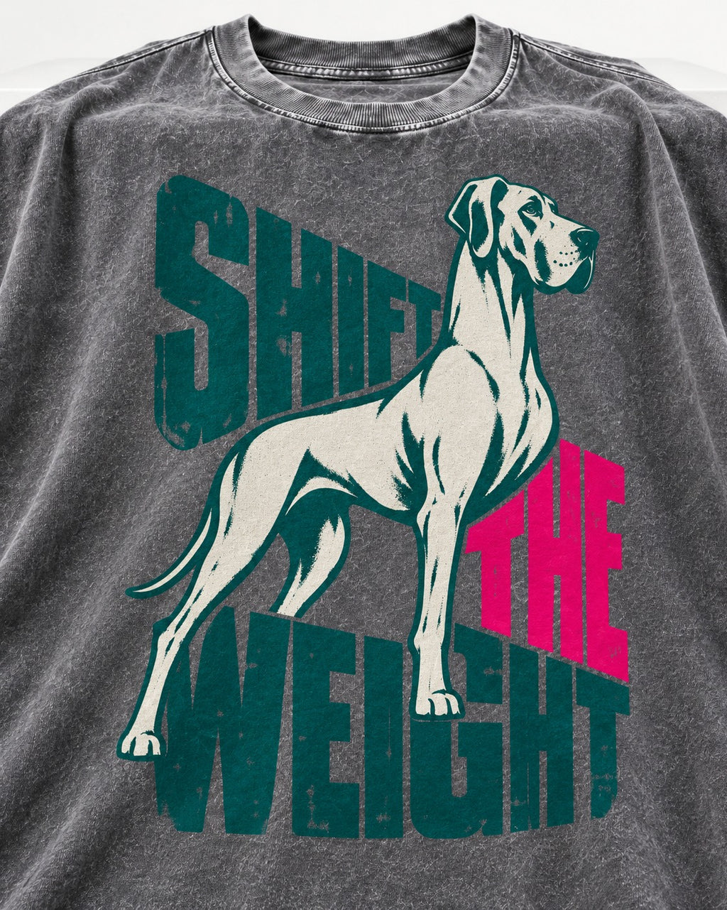 Great Dane Shift the Weight Standing Graphic Washed Tee in Gray, close-up of the graphic