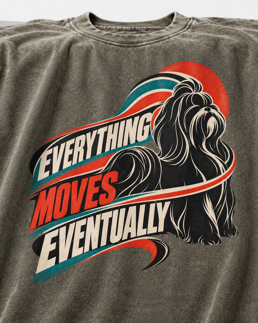 Shih Tzu Everything Moves Eventually Retro Speed Graphic Washed Tee in Army Green, close-up of the graphic