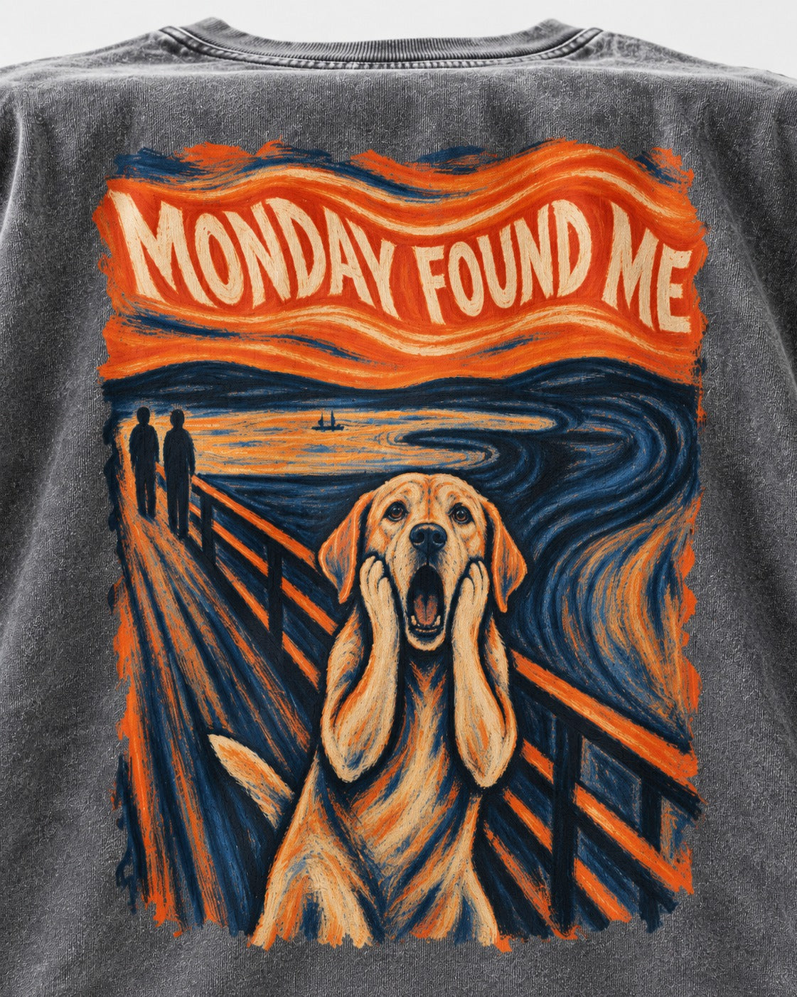 Labrador Retriever Monday Found Me Scream Parody Graphic Washed Tee in Gray, close-up of the graphic