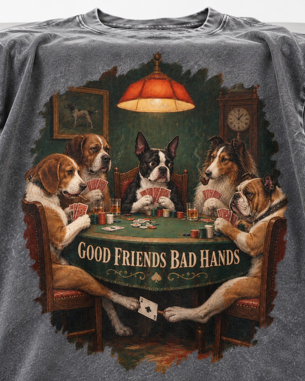 Good Friends Bad Hands Boston Terrier Poker Night Washed Tee in Gray, close-up of the graphic