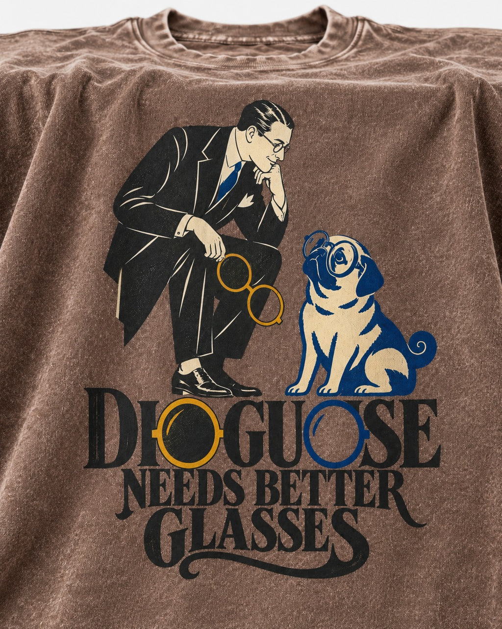 Pug Needs Better Glasses Washed Tee in Coffee, close-up of the graphic