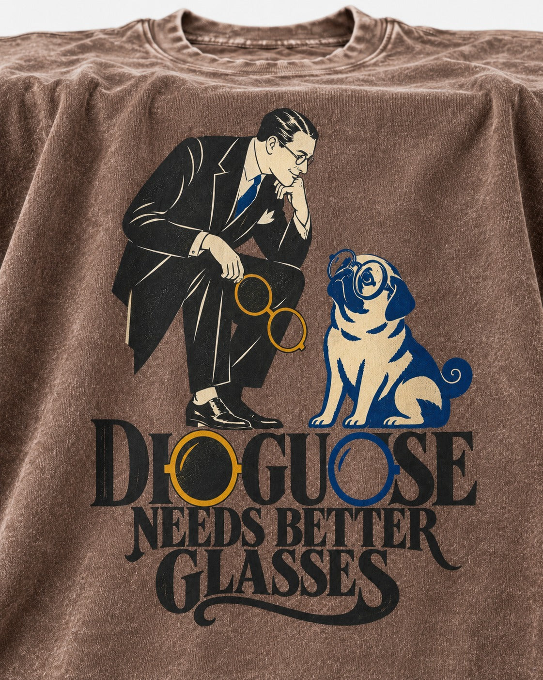 Pug Needs Better Glasses Washed Tee in Coffee, close-up of the graphic