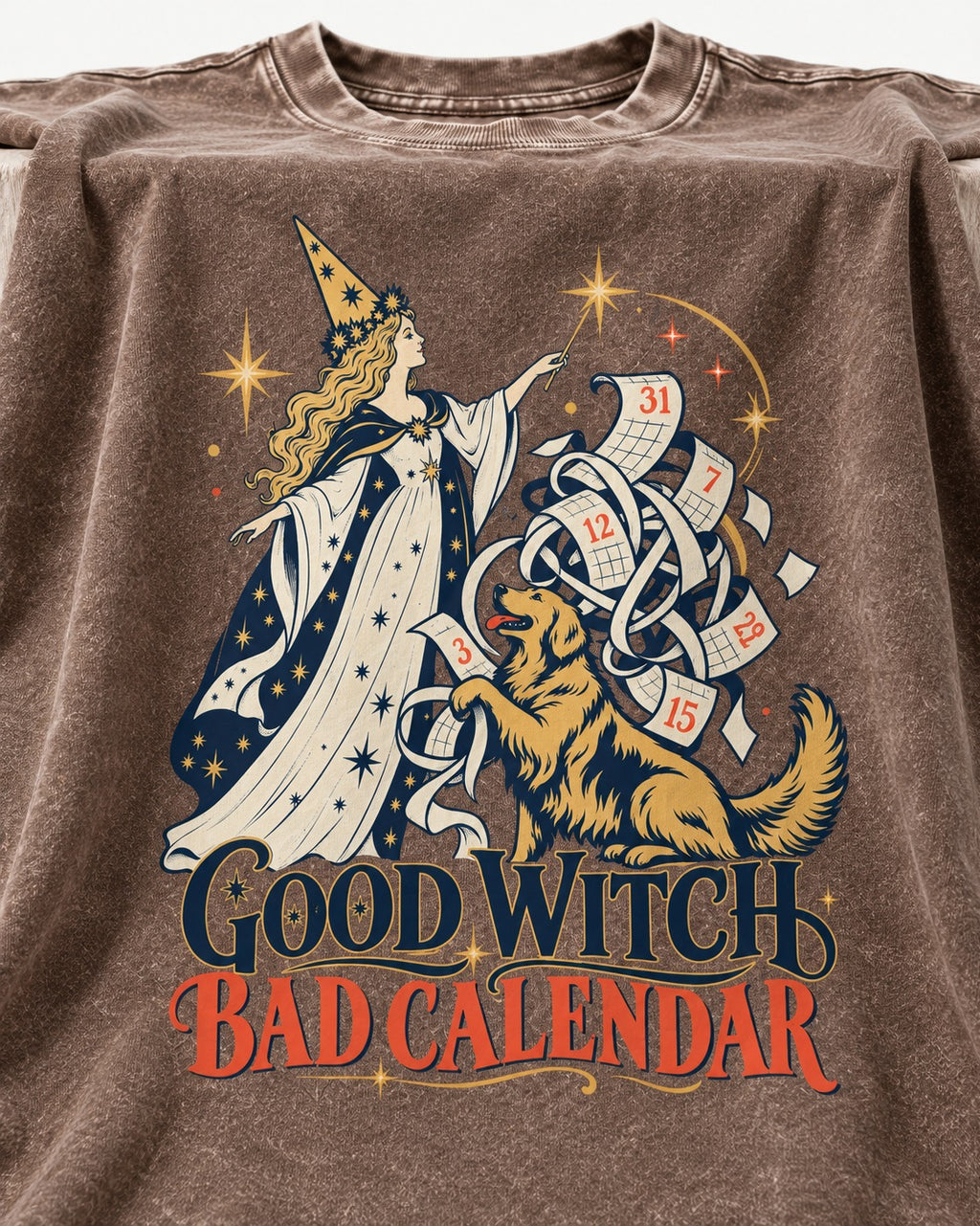 Good Witch Bad Calendar Golden Retriever Washed Tee in Coffee, close-up of the graphic