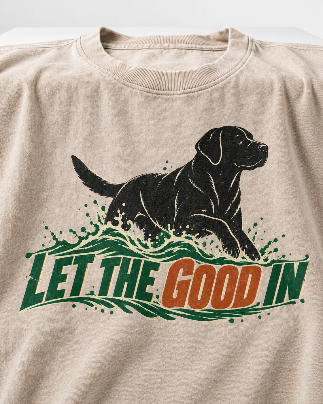 Labrador Retriever Let the Good In Washed Tee in Apricot, close-up of the graphic