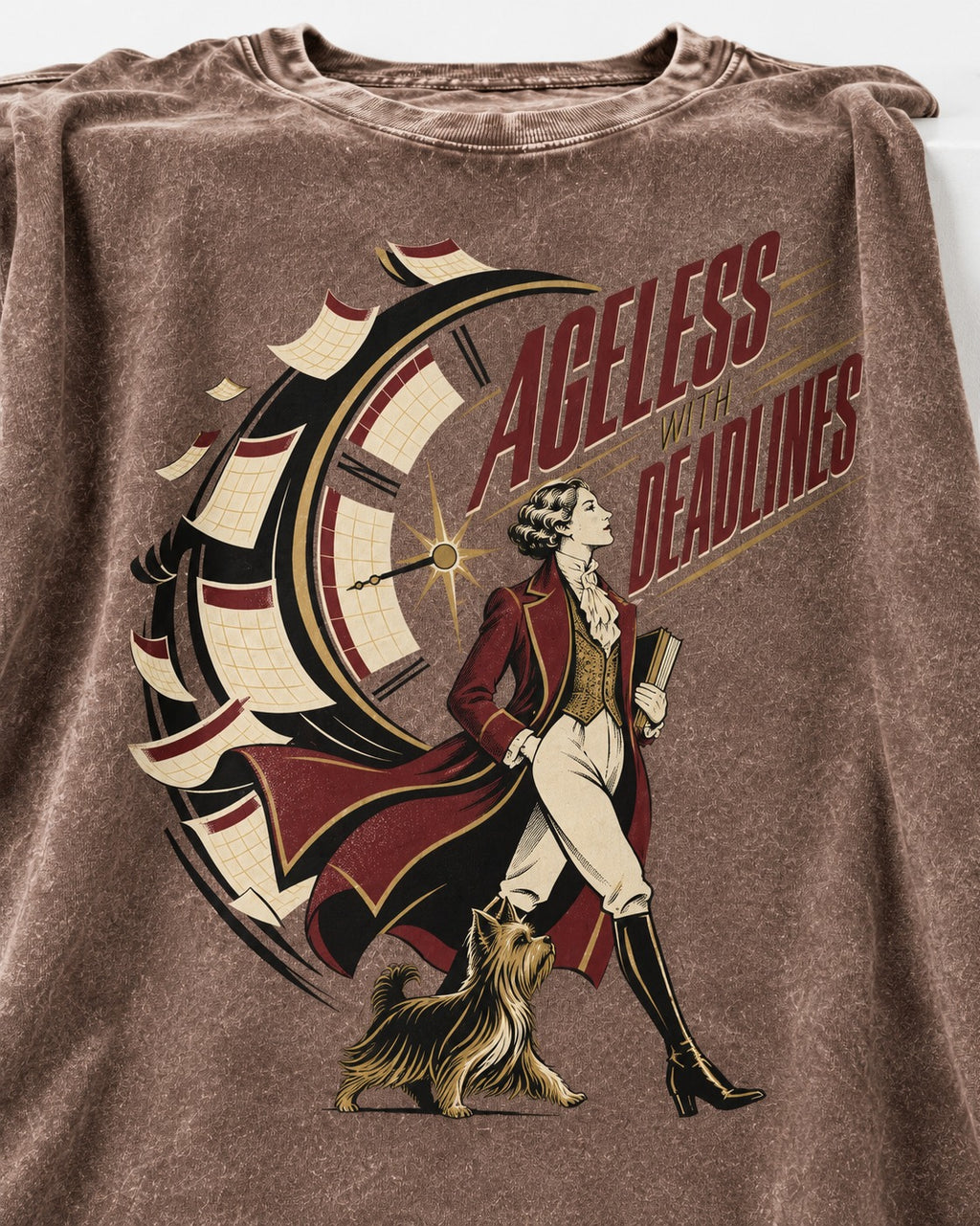 Yorkshire Terrier Ageless with Deadlines Calendar Clock Graphic Washed Tee in Coffee, close-up of the graphic