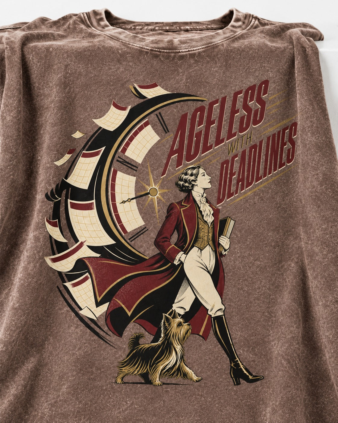 Yorkshire Terrier Ageless with Deadlines Calendar Clock Graphic Washed Tee in Coffee, close-up of the graphic