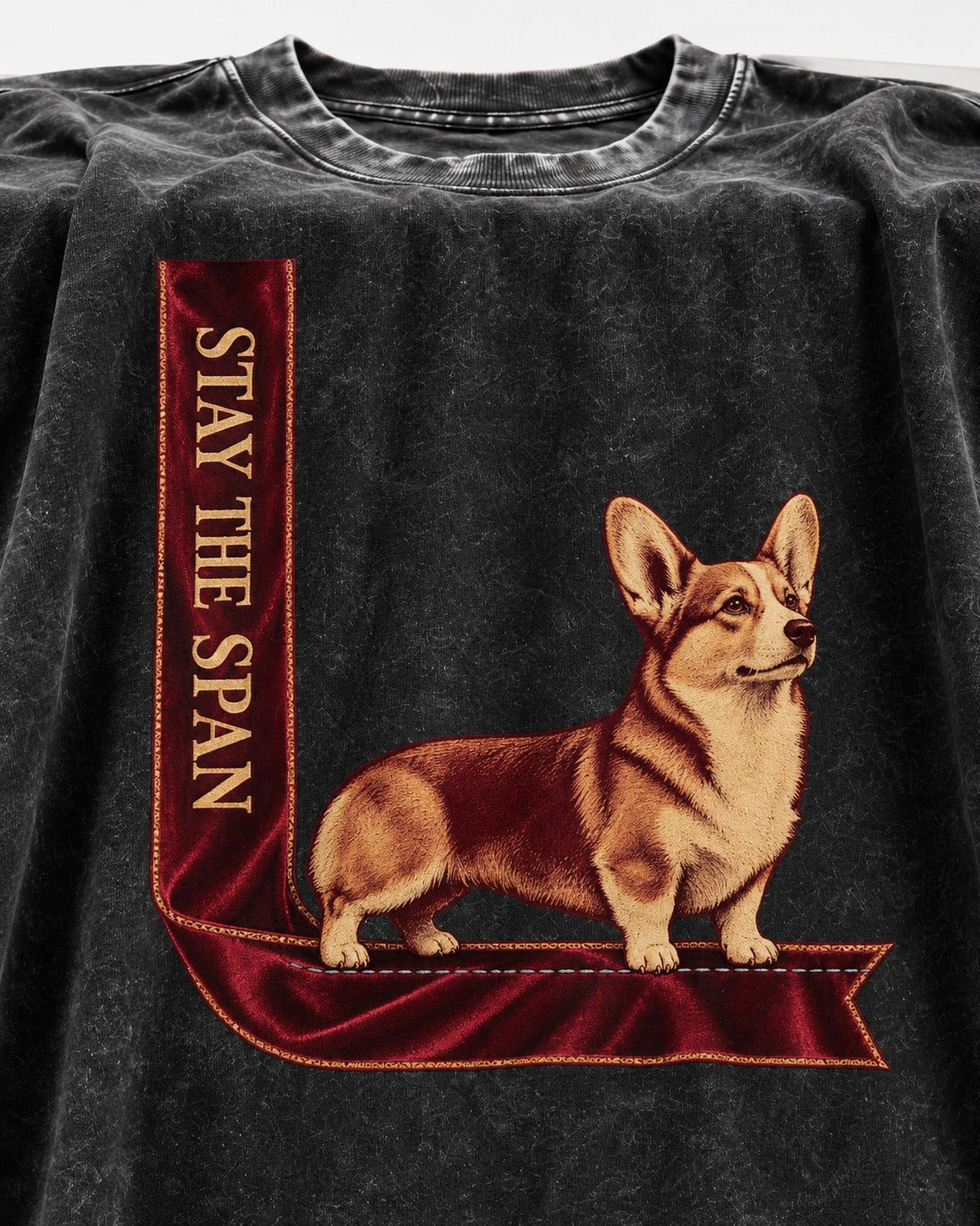 Corgi Stay the Span Ribbon Washed Tee in Black, close-up of the graphic
