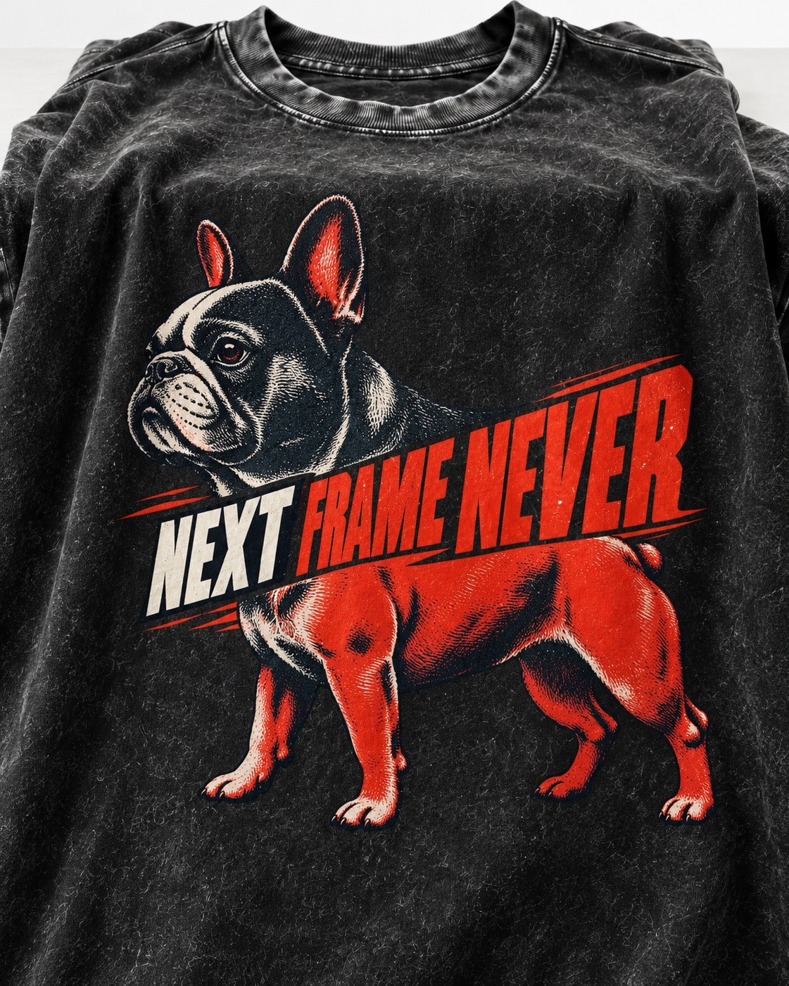 Frenchie Next Frame Never Motion Banner Graphic Washed Tee in Black, close-up of the graphic