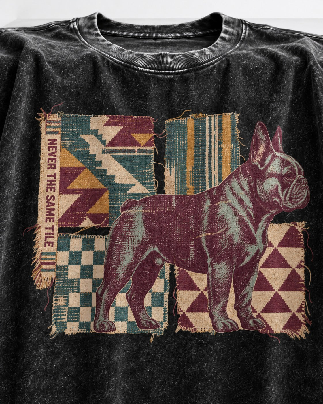 Frenchie Never the Same Tile Textile Graphic Washed Tee in Black, close-up of the graphic