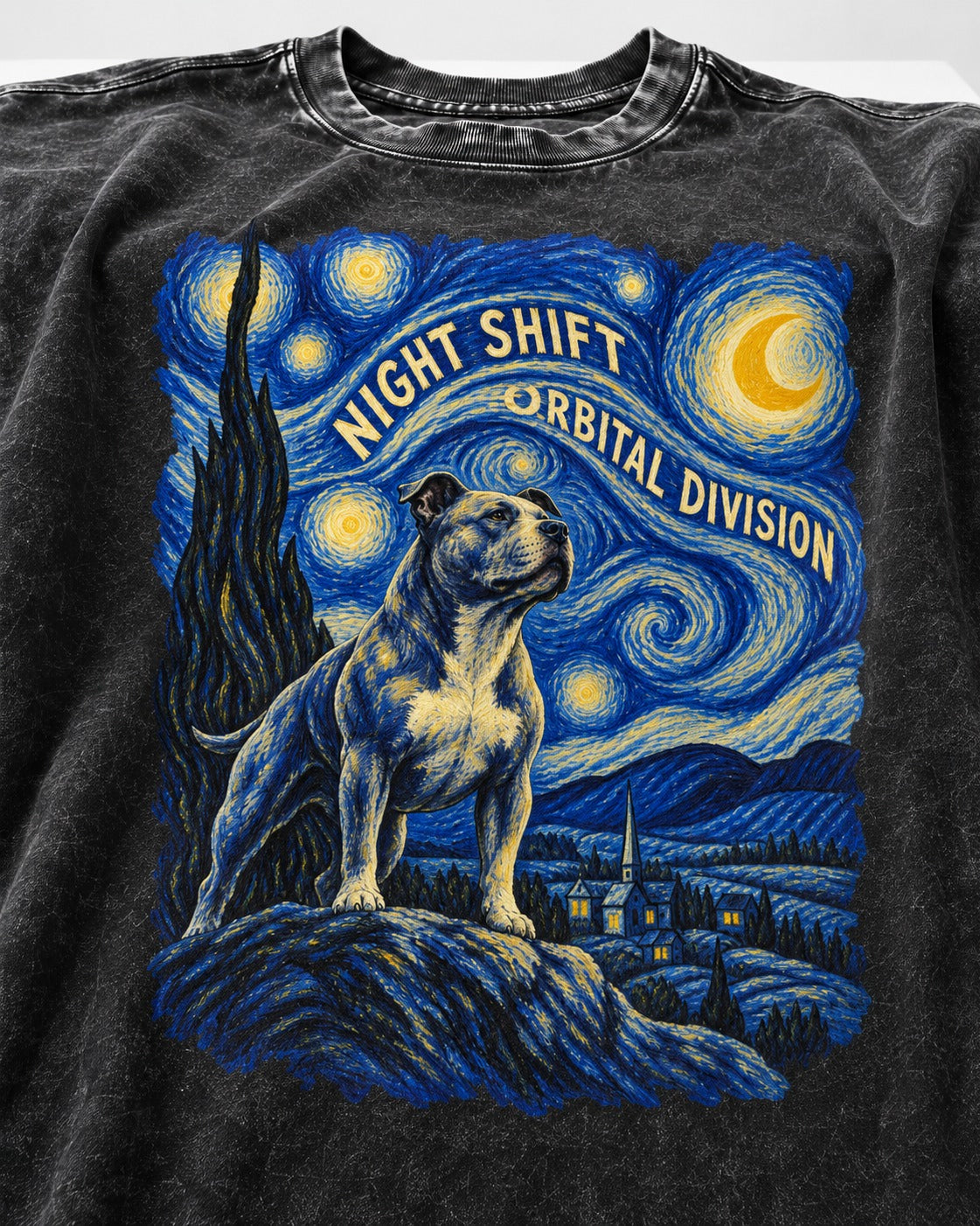Pitbull Night Shift Orbital Division Starry Night Graphic Washed Tee in Black, close-up of the graphic