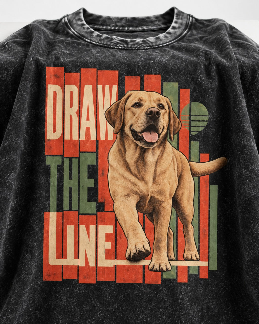 Labrador Retriever Draw the Line Stepping Graphic Washed Tee in Black, close-up of the graphic