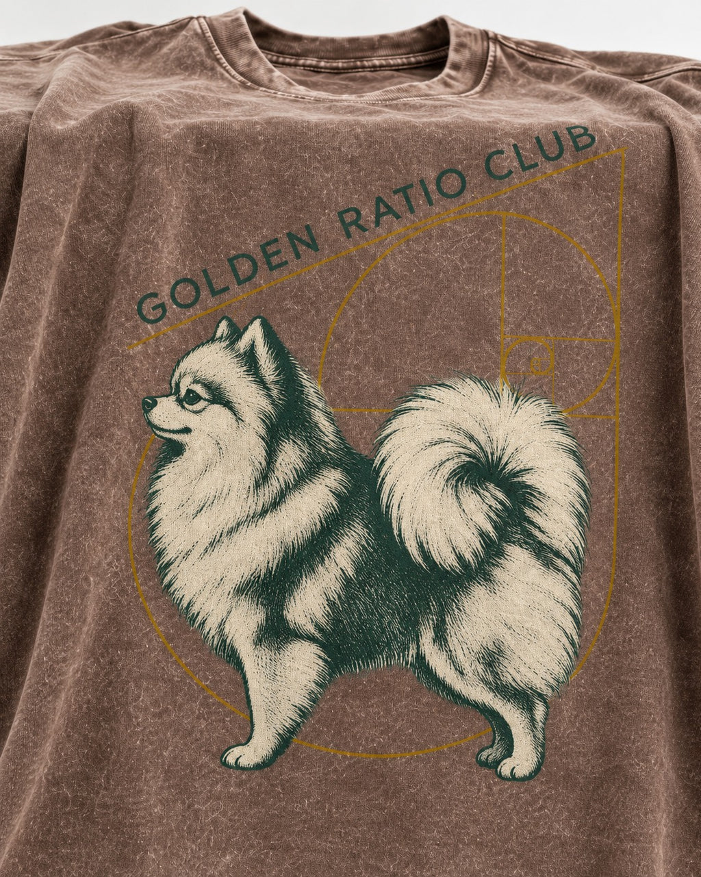 Pomeranian Golden Ratio Club Washed Tee in Coffee, close-up of the graphic