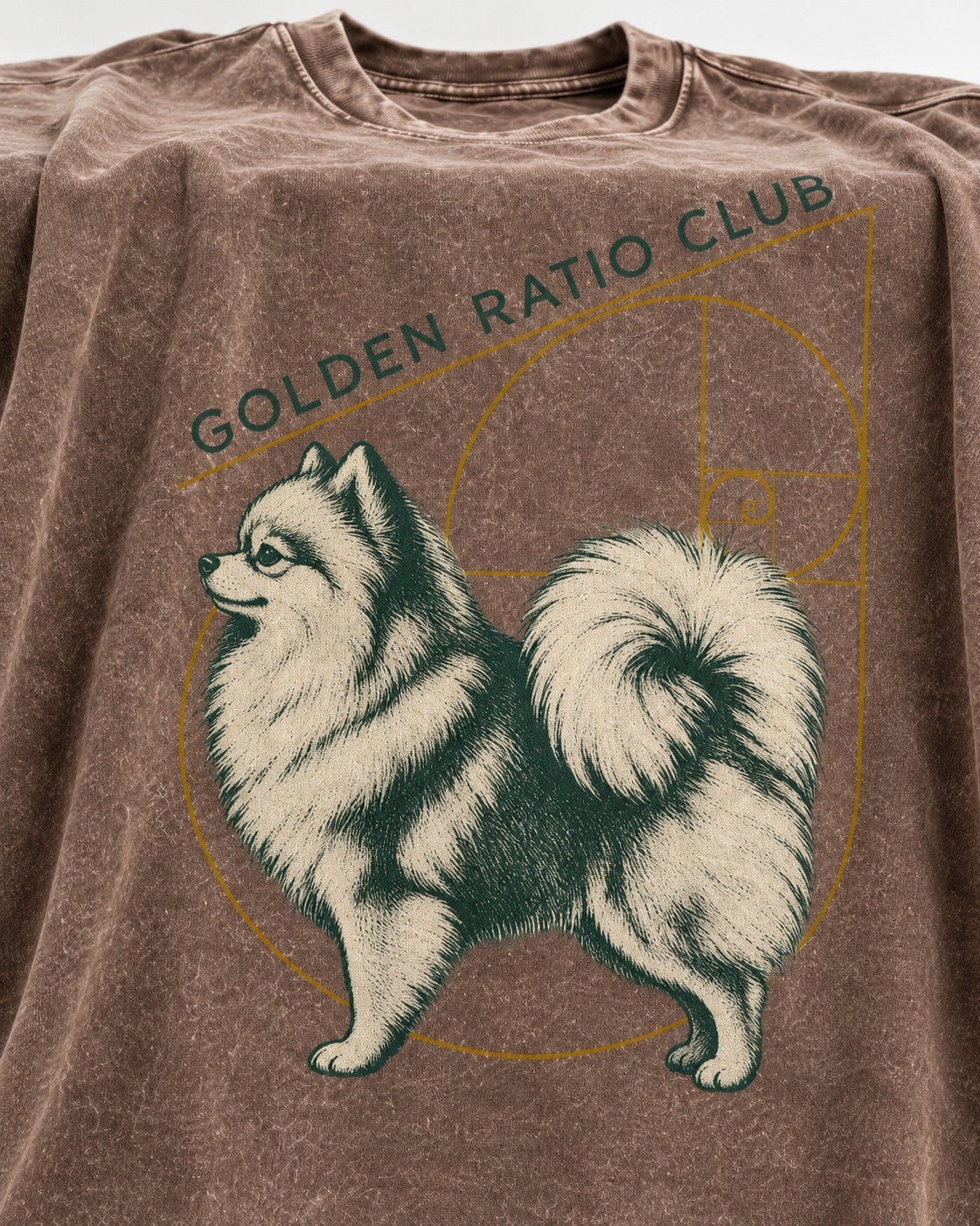 Pomeranian Golden Ratio Club Washed Tee in Coffee, close-up of the graphic
