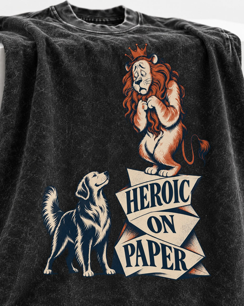 Golden Retriever Heroic on Paper Lion Graphic Washed Tee in Black, close-up of the graphic