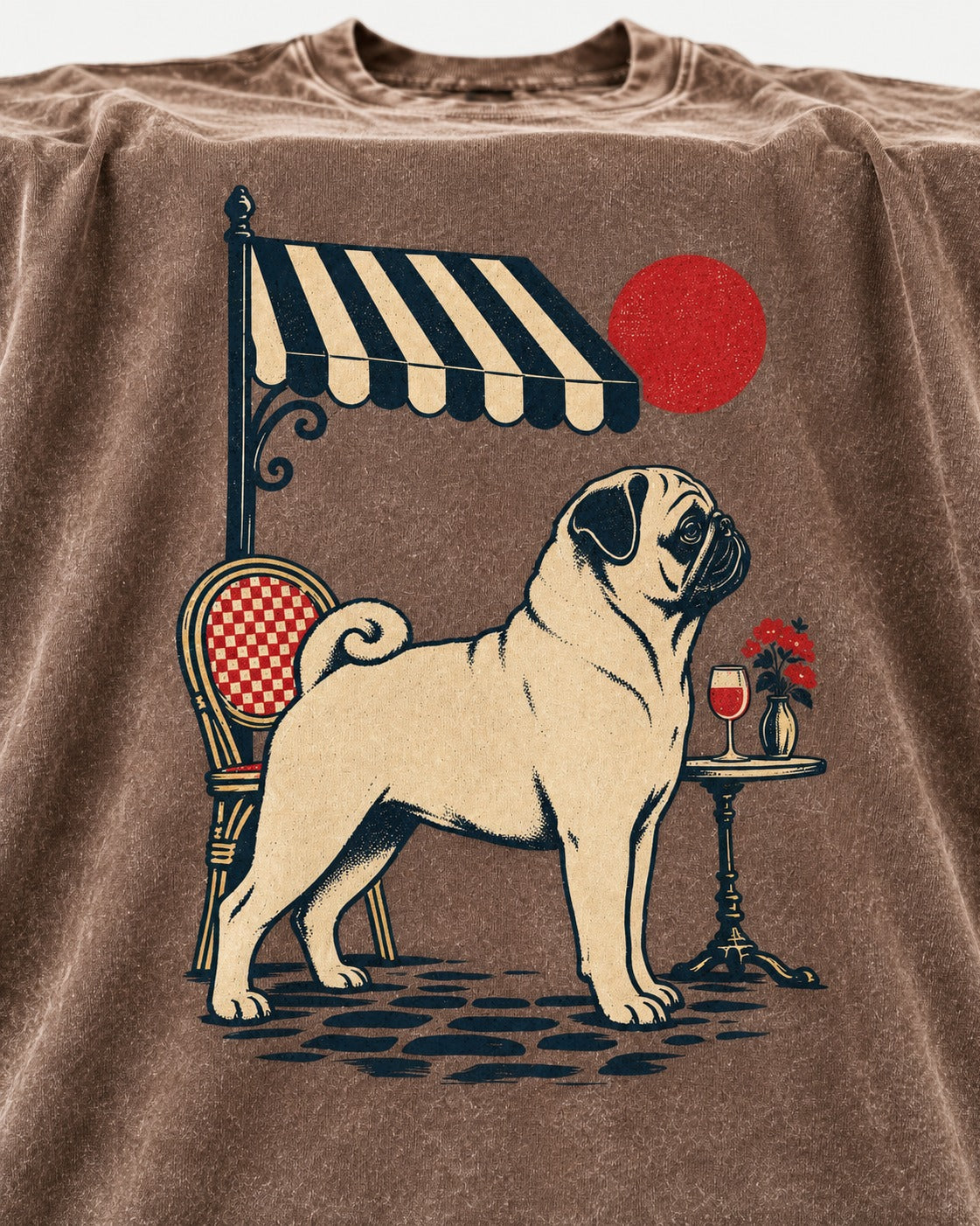 Pug Joie De Vivre Washed Tee in Coffee, close-up of the graphic