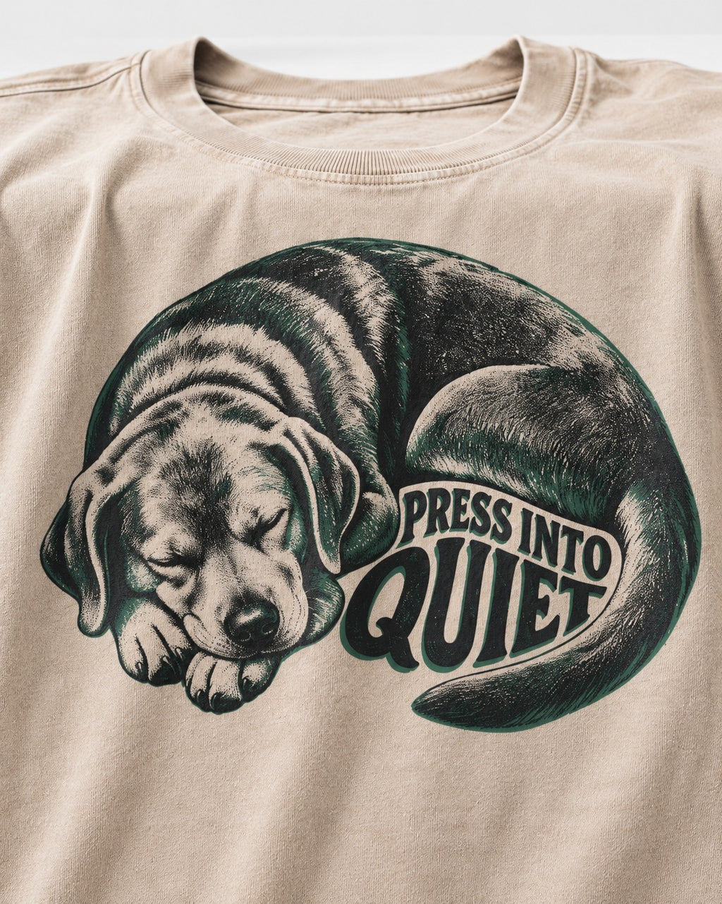 Labrador Retriever Press Into Quiet Washed Tee in Apricot, close-up of the graphic