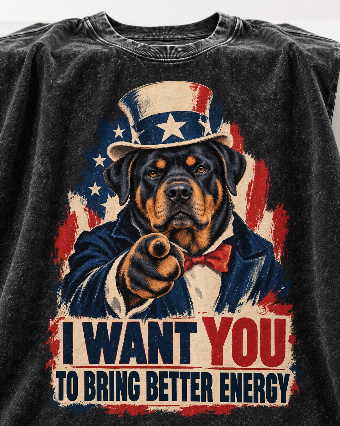 Rottweiler I Want You to Bring Better Energy Recruitment Poster Graphic Washed Tee in Black, close-up of the graphic