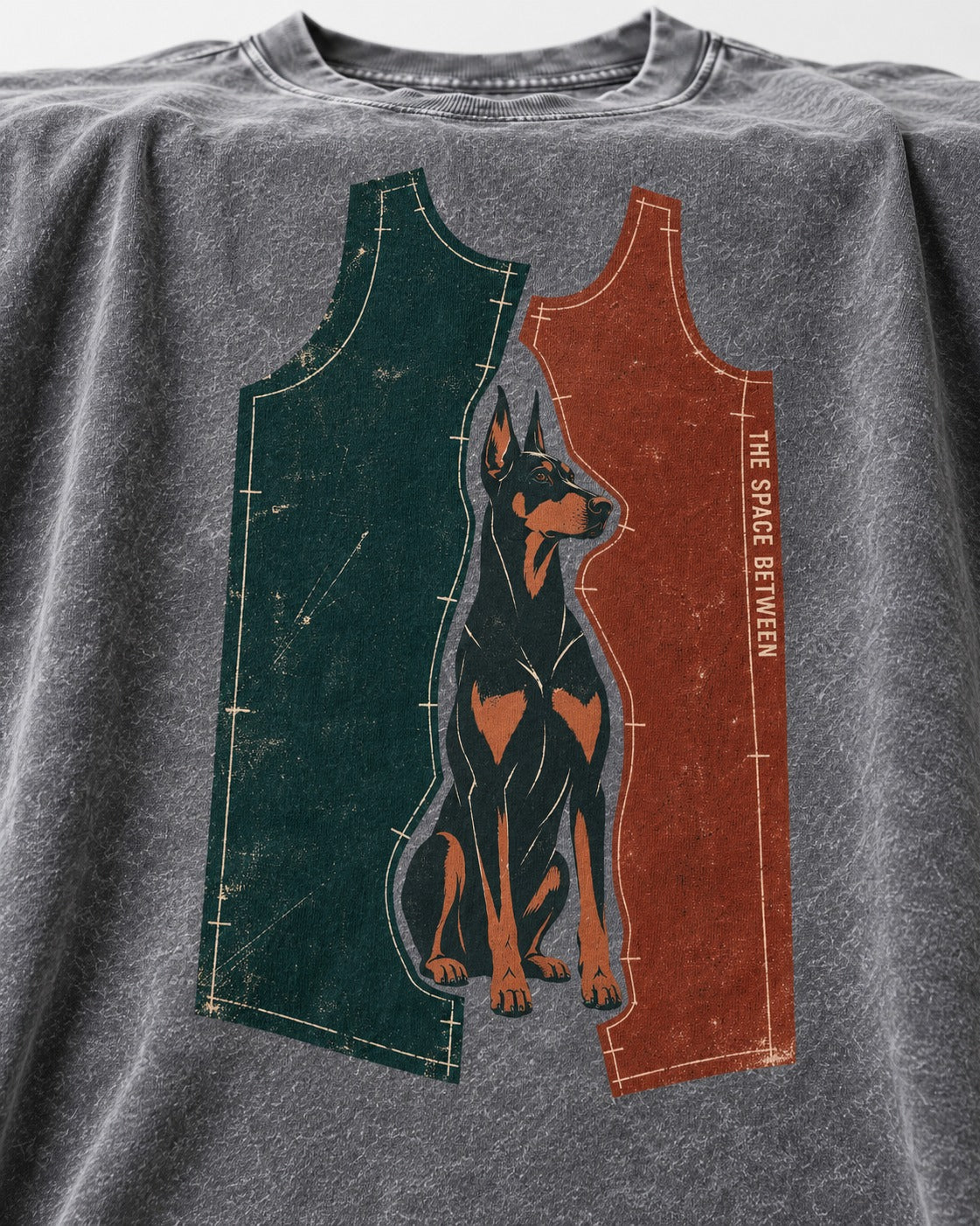Doberman The Space Between Pattern Pieces Graphic Washed Tee in Gray, close-up of the graphic