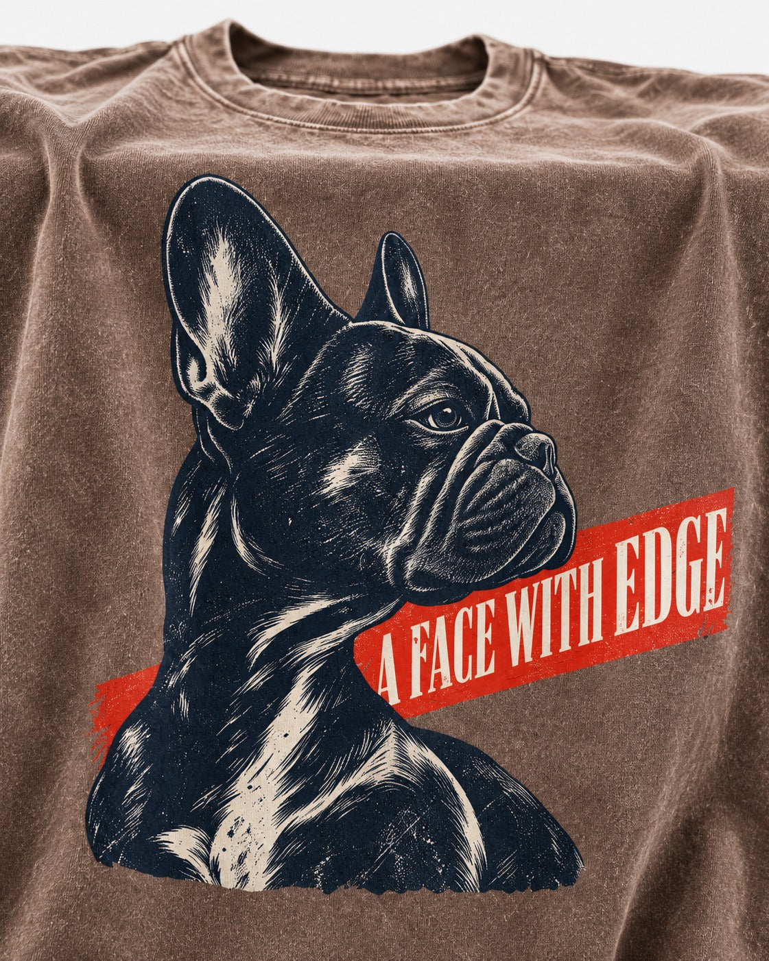 Frenchie A Face With Edge Ribbon Graphic Washed Tee in Coffee, close-up of the graphic