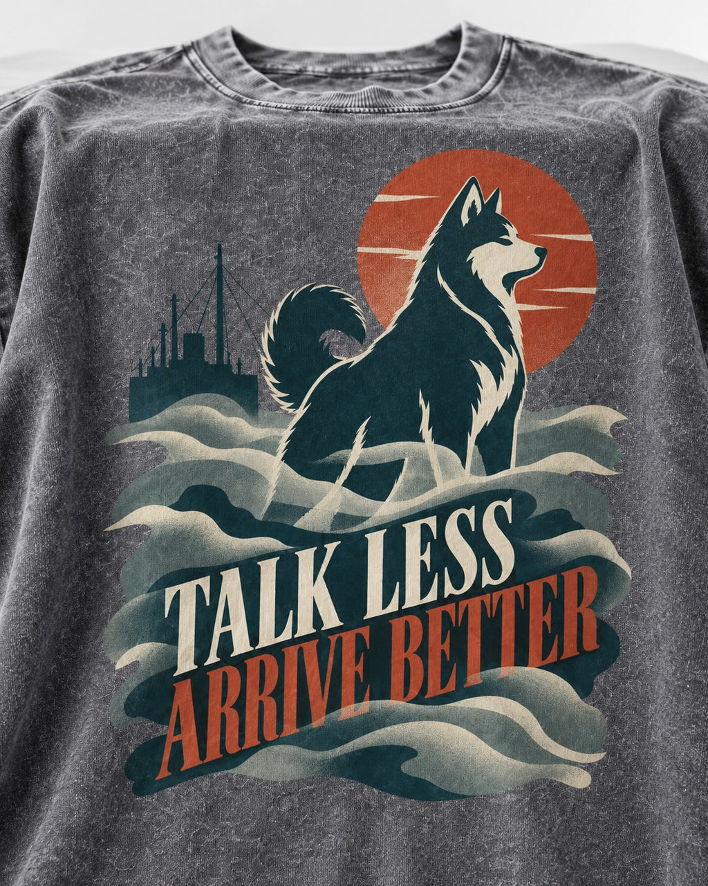 Husky Talk Less Arrive Better Harbor Wave Graphic Washed Tee in Gray, close-up of the graphic