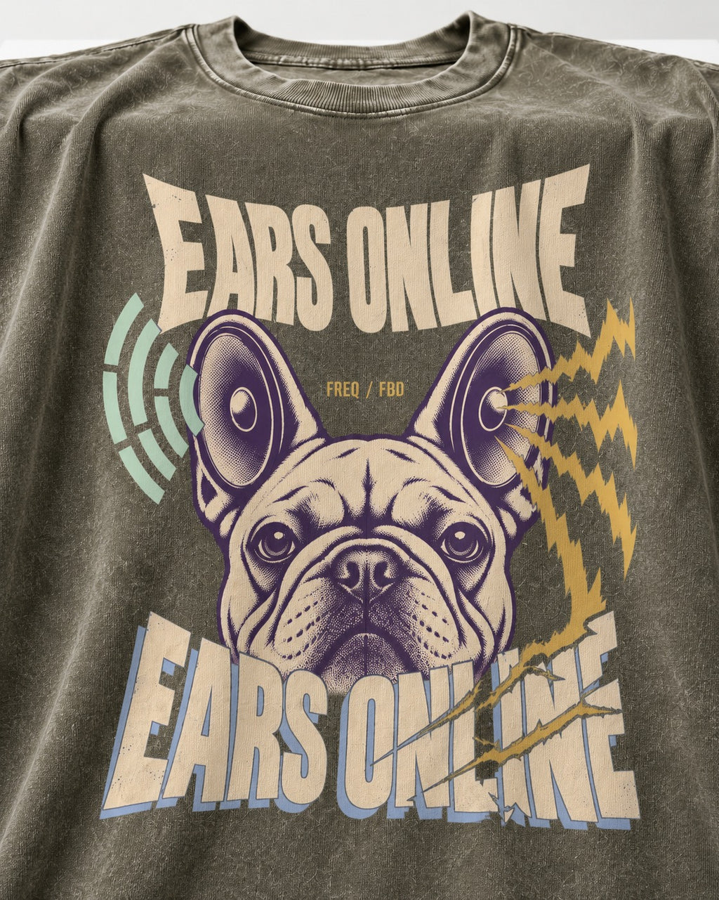 Frenchie Ears Online Audio Signal Graphic Washed Tee in Army Green, close-up of the graphic