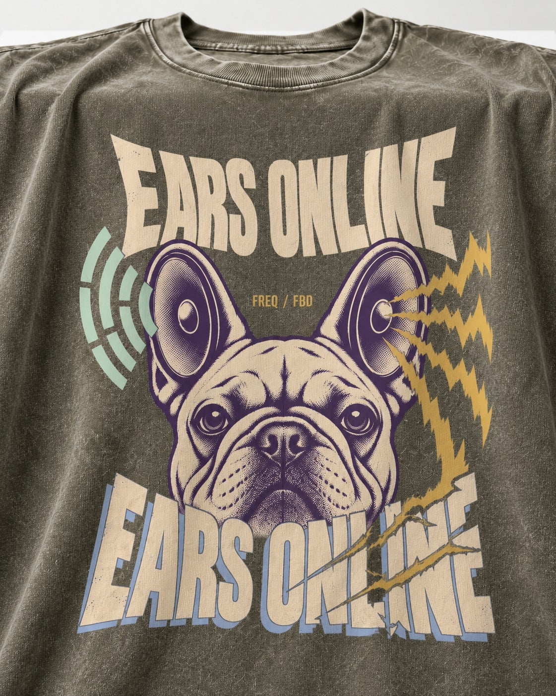 Frenchie Ears Online Audio Signal Graphic Washed Tee in Army Green, close-up of the graphic