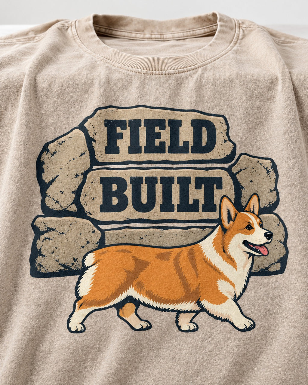 Field Built Corgi Washed Tee in Apricot, close-up of the graphic
