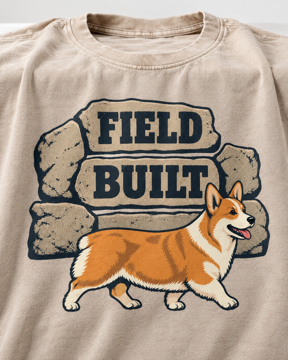 Field Built Corgi Washed Tee in Apricot, close-up of the graphic
