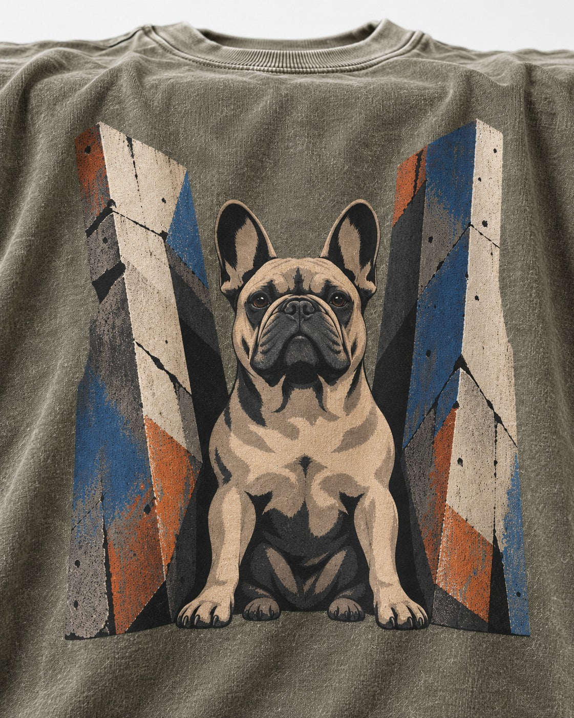 Frenchie Concrete Diplomat Barrier Portrait Washed Tee in Army Green, close-up of the graphic