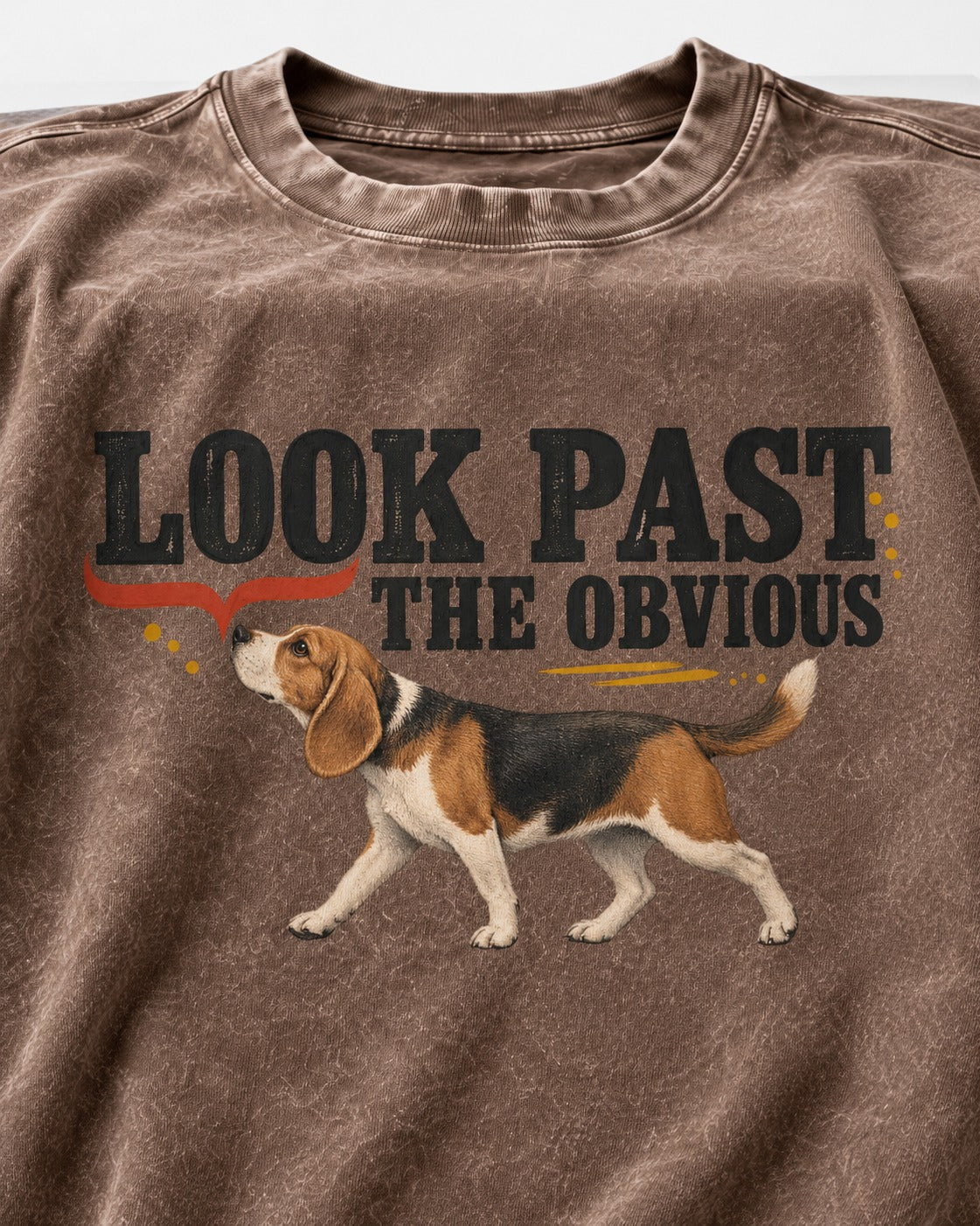 Beagle Look Past the Obvious Washed Tee in Coffee, close-up of the graphic
