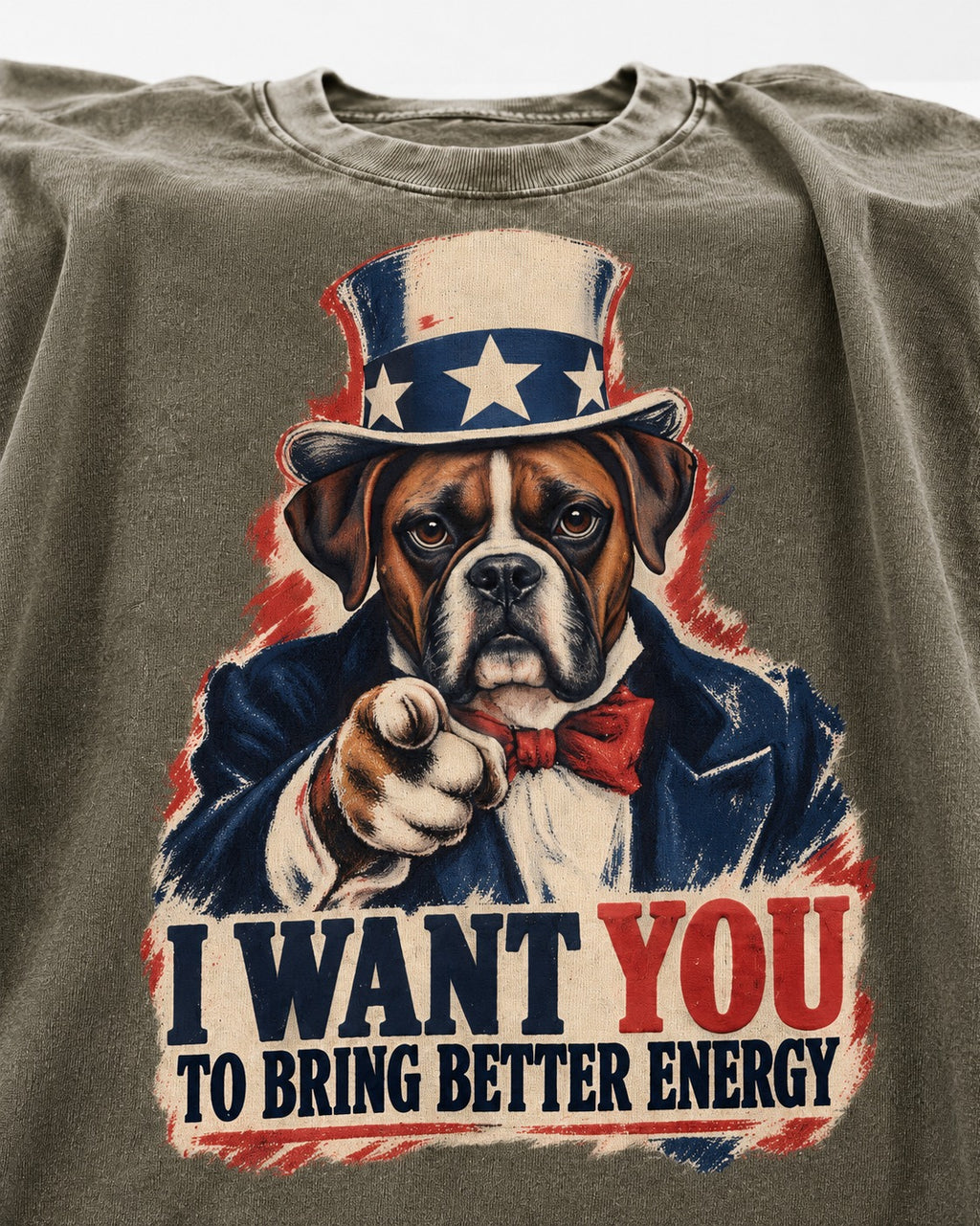 I Want You to Bring Better Energy Boxer Recruitment Poster Graphic Washed Tee in Army Green, close-up of the graphic