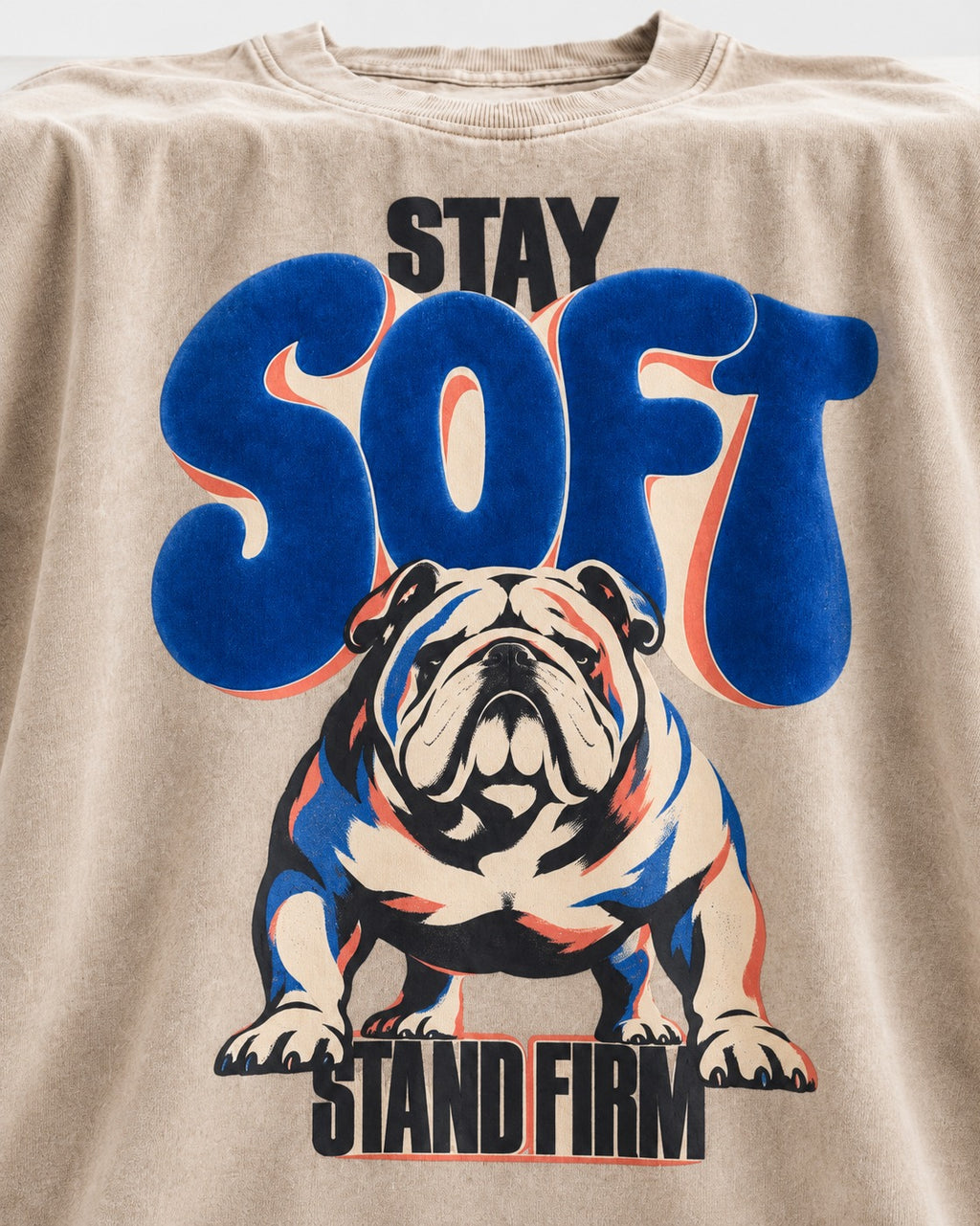 Stay Soft Stand Firm English Bulldog Washed Tee in Apricot, close-up of the graphic
