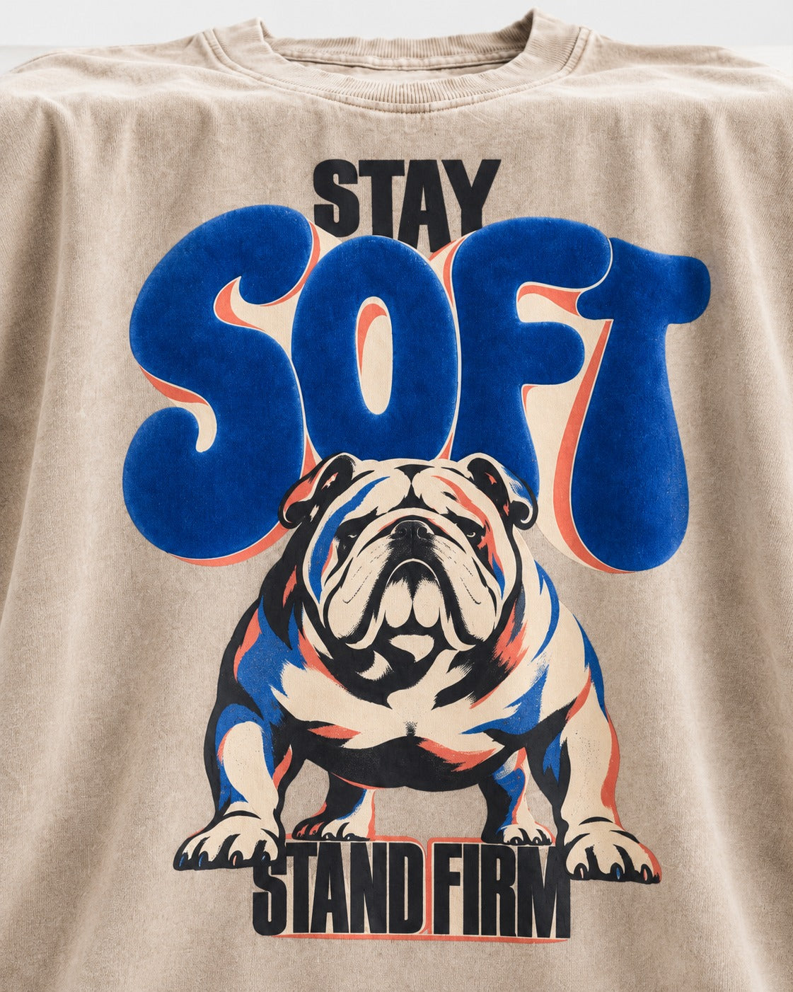 Stay Soft Stand Firm English Bulldog Washed Tee in Apricot, close-up of the graphic