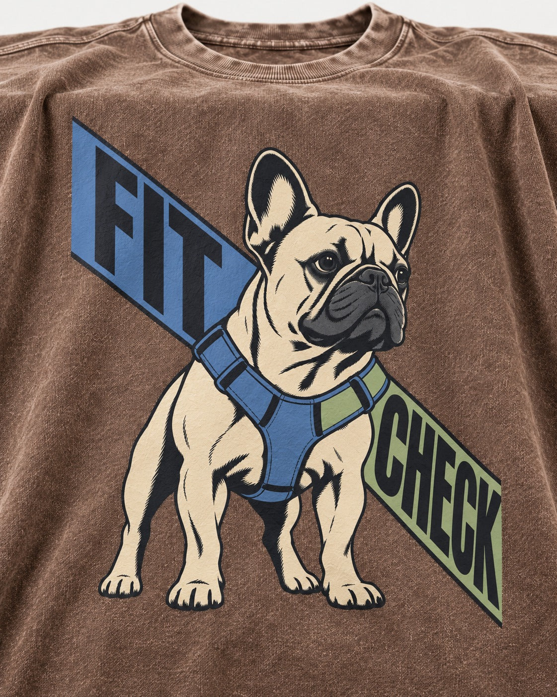 Frenchie Fit Check Washed Tee in Coffee, close-up of the graphic