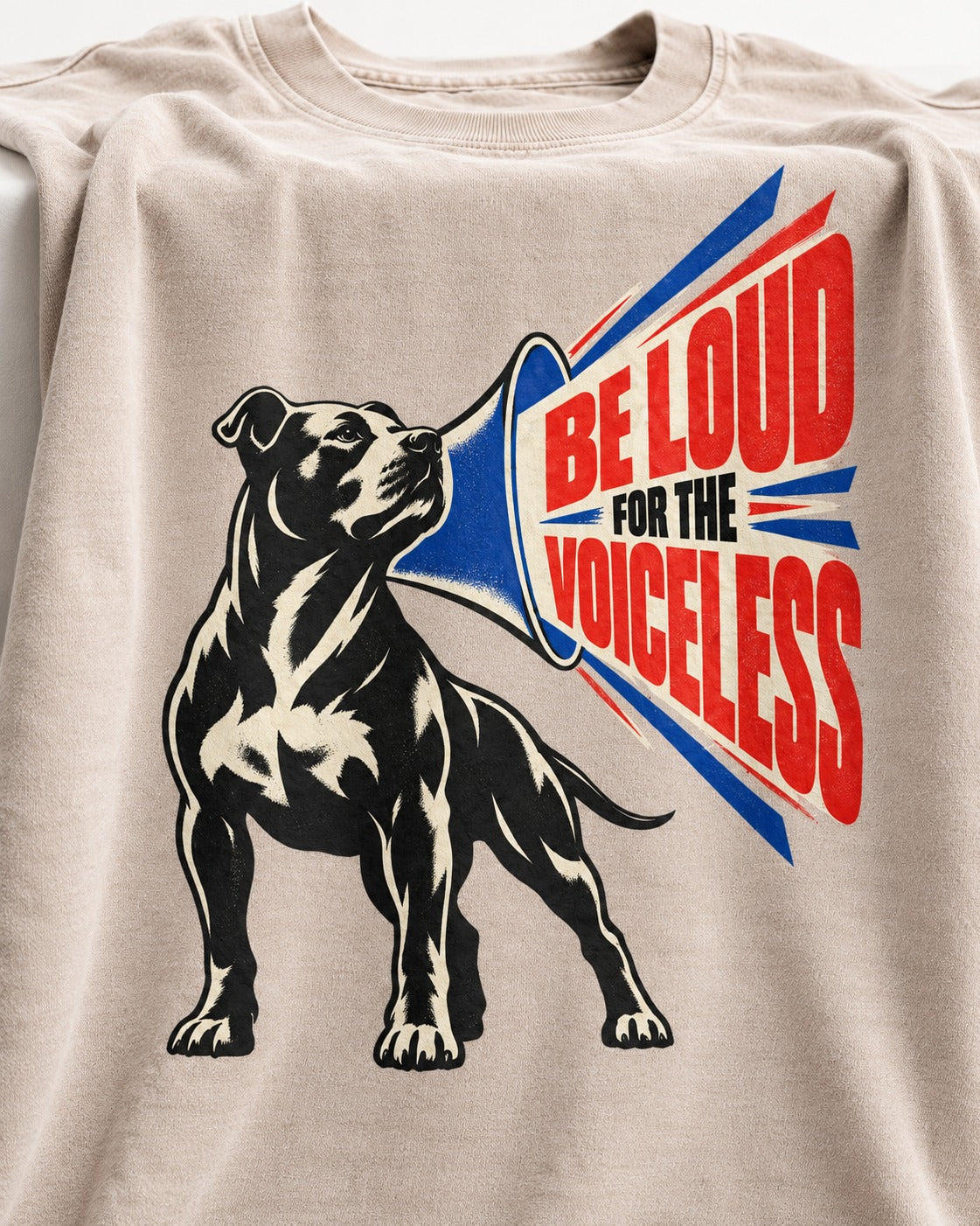 Pitbull For the Voiceless Washed Tee in Apricot, close-up of the graphic