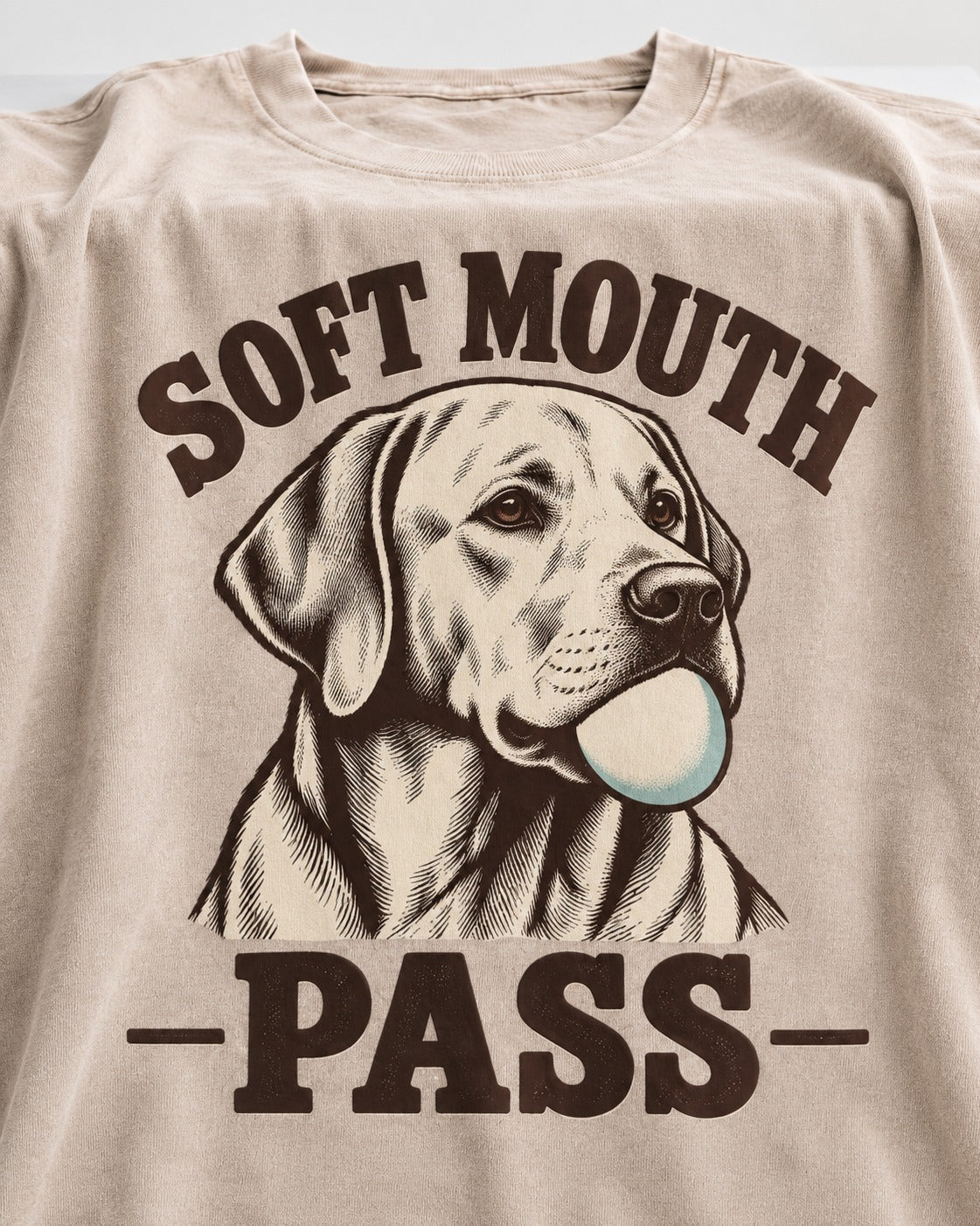 Soft Mouth Pass Labrador Retriever Washed Tee in Apricot, close-up of the graphic