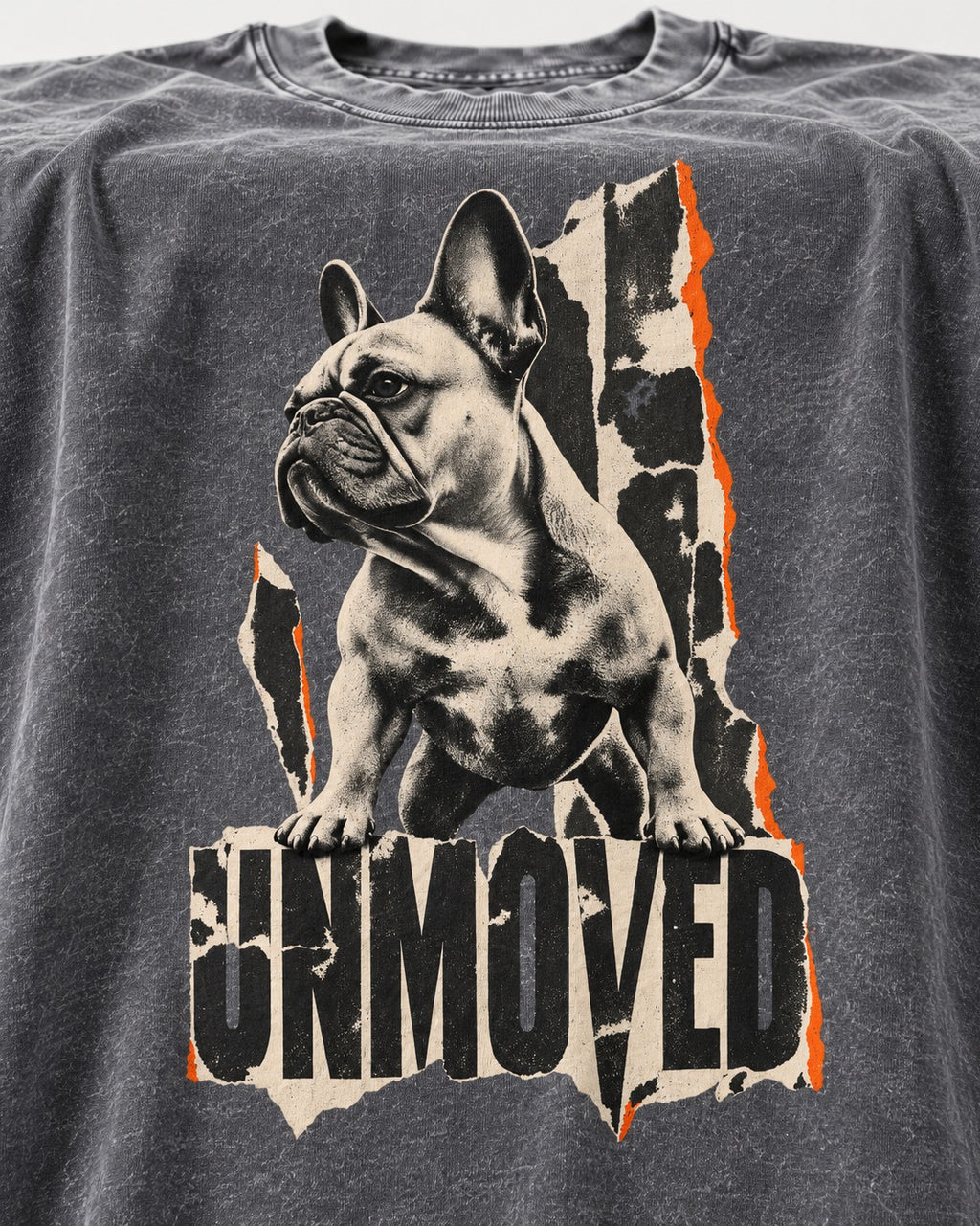 Frenchie Unmoved Torn Poster Graphic Washed Tee in Gray, close-up of the graphic