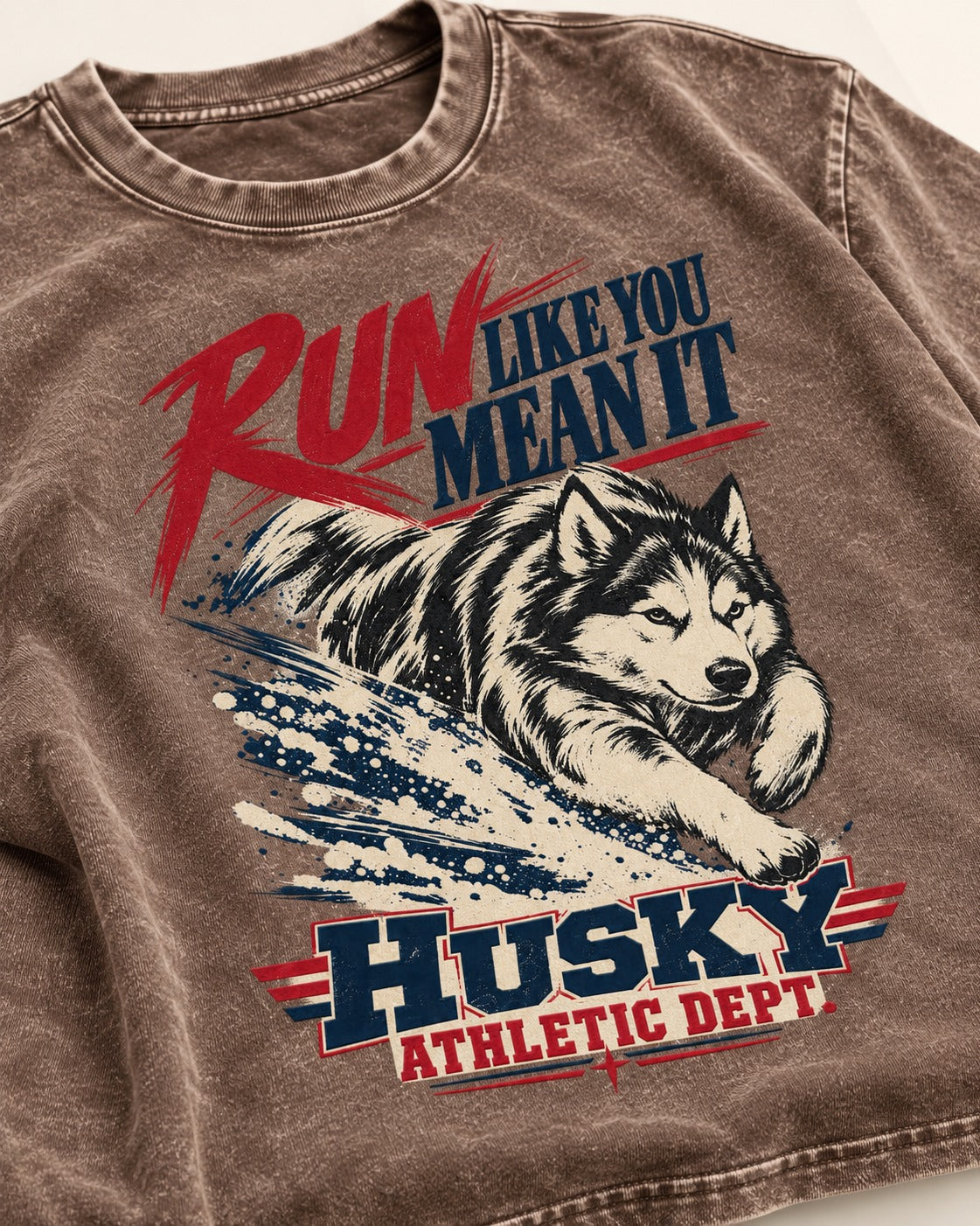 Husky Run with Purpose Washed Tee in Coffee, close-up of the graphic