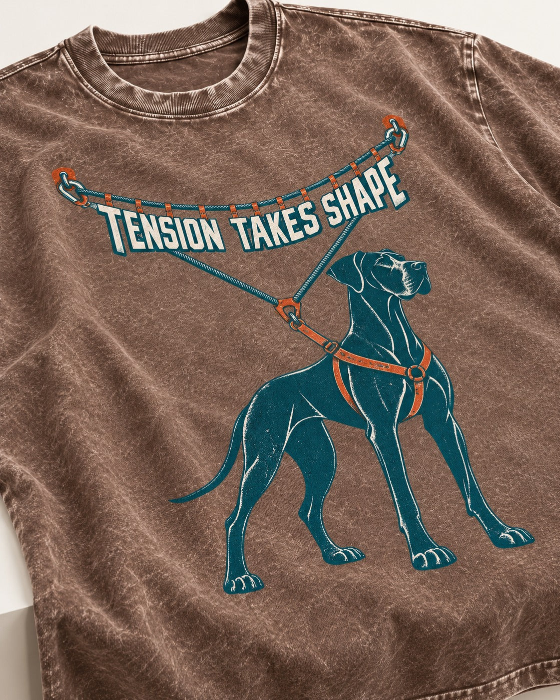 Great Dane Tension Takes Shape Washed Tee in Coffee, close-up of the graphic