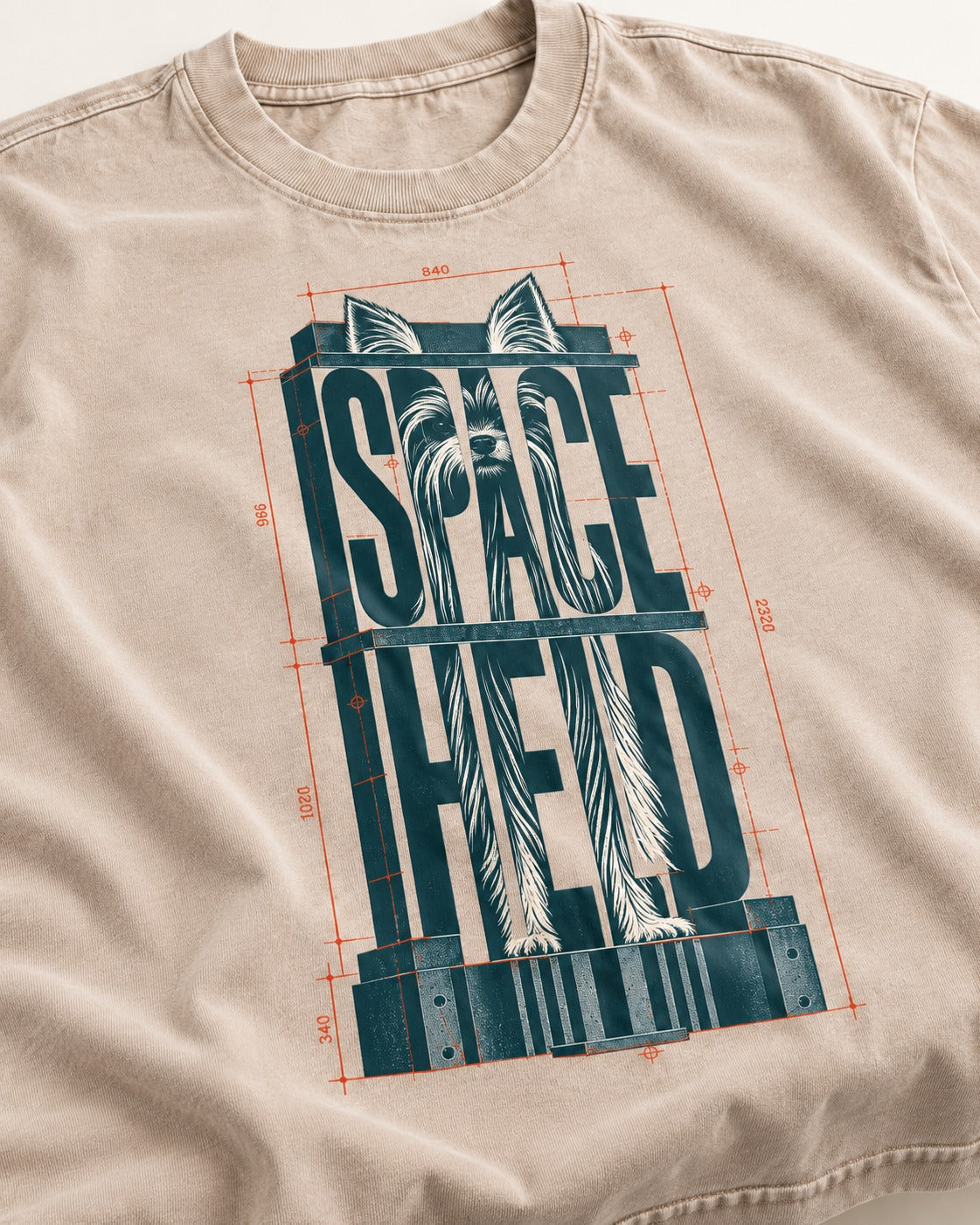 Yorkshire Terrier Space Head Washed Tee in Apricot, close-up of the graphic