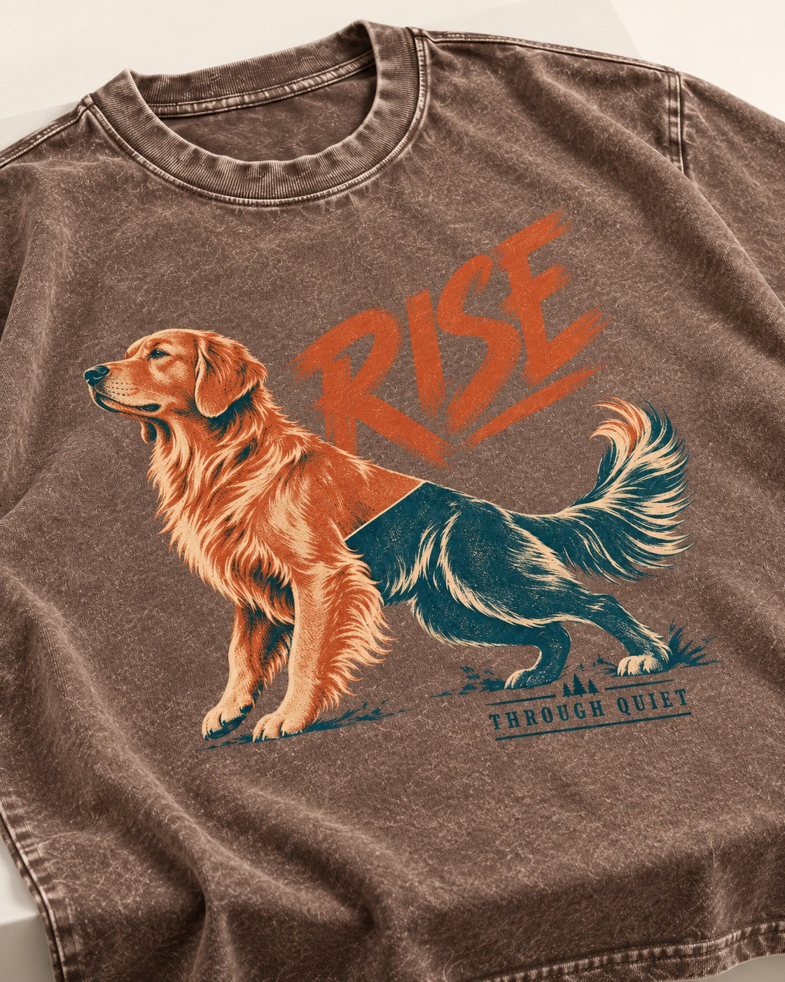 Golden Retriever Rise Through Quiet Washed Tee in Coffee, close-up of the graphic