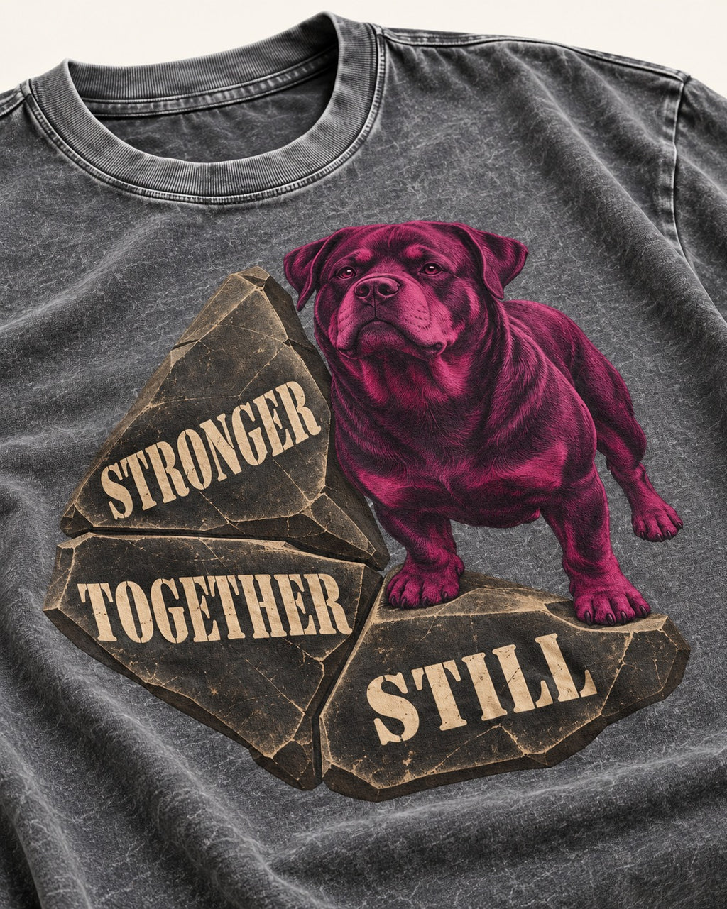 Rottweiler Stronger Together Still Foundation Stone Graphic Washed Tee in Gray, close-up of the graphic